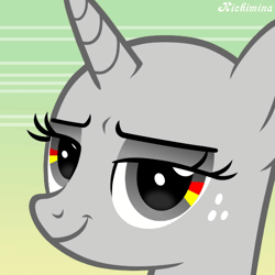 Size: 512x512 | Tagged: safe, artist:kichimina, derpibooru import, pony, unicorn, animated, auction, auction open, bust, colored, commission, eyebrow wiggle, eyeshadow, female, generic pony, gif, gradient background, horn, image, lidded eyes, looking at you, loop, makeup, mare, perfect loop, portrait, show accurate, signature, smiling, smiling at you, smirk, solo, vector, wrinkles, ych animation, your character here