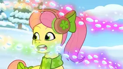 Size: 3072x1727 | Tagged: safe, derpibooru import, screencap, posey (g5), earth pony, pony, my little pony: tell your tale, spoiler:g5, spoiler:my little pony: tell your tale, spoiler:tyts01e37, female, g5, image, jpeg, mare, open mouth, snow, snow pun intended, solo, youtube link