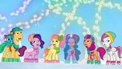 Size: 3072x1727 | Tagged: safe, derpibooru import, screencap, hitch trailblazer, izzy moonbow, pipp petals, posey (g5), sparky sparkeroni, sunny starscout, zipp storm, dragon, earth pony, pegasus, pony, unicorn, my little pony: tell your tale, spoiler:g5, spoiler:my little pony: tell your tale, spoiler:tyts01e37, :o, baby, baby dragon, eyes closed, female, g5, image, jpeg, magic, male, mane five (g5), mare, open mouth, smiling, snow, snow pun intended, stallion, telekinesis, youtube link
