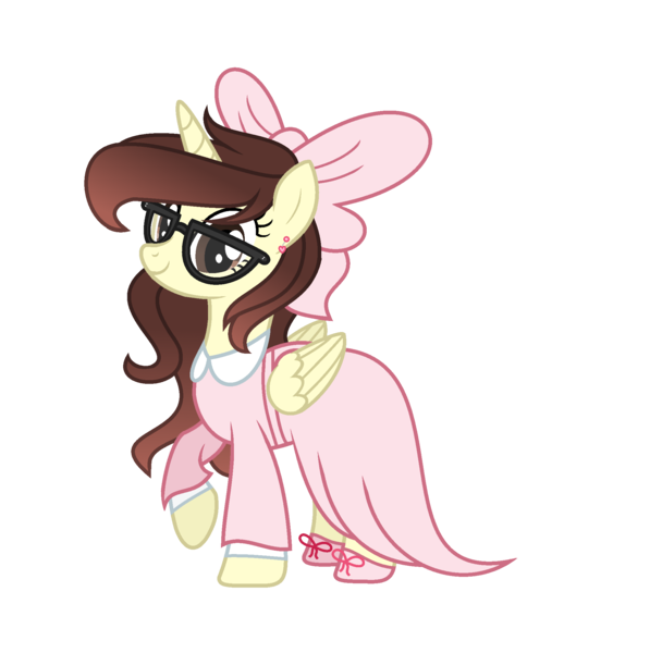 Size: 2053x2065 | Tagged: safe, artist:darbypop1, derpibooru import, oc, oc:darby, alicorn, pony, bow, clothes, dress, female, glasses, hair bow, image, mare, png, simple background, solo, transparent background
