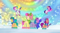 Size: 3072x1727 | Tagged: safe, derpibooru import, screencap, hitch trailblazer, izzy moonbow, pipp petals, posey (g5), sparky sparkeroni, sunny starscout, zipp storm, dragon, earth pony, pegasus, pony, unicorn, my little pony: tell your tale, spoiler:g5, spoiler:my little pony: tell your tale, spoiler:tyts01e37, baby, baby dragon, eyes closed, female, flying, g5, image, jpeg, magic, male, mane five (g5), mare, mobile phone, open mouth, open smile, phone, smartphone, smiling, snow, snow pun intended, spread wings, stallion, telekinesis, wings, youtube link