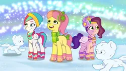 Size: 3072x1727 | Tagged: safe, derpibooru import, screencap, pipp petals, posey (g5), zipp storm, earth pony, pegasus, pony, my little pony: tell your tale, spoiler:g5, spoiler:my little pony: tell your tale, spoiler:tyts01e37, female, g5, image, jpeg, mare, open mouth, open smile, royal sisters (g5), siblings, sisters, smiling, snow, snow pun intended, trio, trio female, youtube link