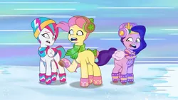 Size: 3072x1727 | Tagged: safe, derpibooru import, screencap, pipp petals, posey (g5), zipp storm, earth pony, pegasus, pony, my little pony: tell your tale, spoiler:g5, spoiler:my little pony: tell your tale, spoiler:tyts01e37, female, g5, image, jpeg, mare, open mouth, royal sisters (g5), shrunken pupils, siblings, sisters, snow, snow pun intended, trio, trio female, youtube link