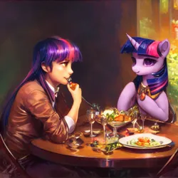 Size: 1024x1024 | Tagged: safe, derpibooru import, machine learning generated, stable diffusion, twilight sparkle, human, pony, clothes, duo, duo female, female, food, humanized, image, jpeg, restaurant, self paradox, table, upscaled, waifu2x