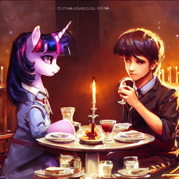 Size: 1024x1024 | Tagged: safe, derpibooru import, machine learning generated, stable diffusion, twilight sparkle, human, semi-anthro, unicorn, candle, clothes, duo, food, image, jpeg, machine learning abomination, restaurant, table, unicorn twilight, upscaled, waifu2x