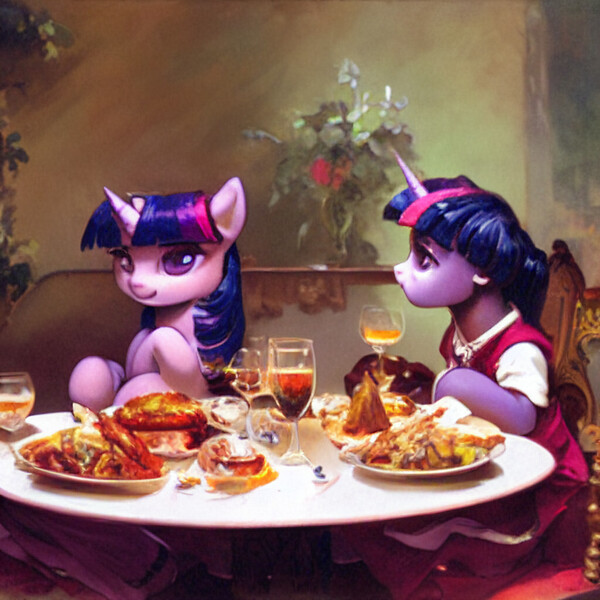 Size: 1024x1024 | Tagged: safe, derpibooru import, machine learning generated, stable diffusion, twilight sparkle, pony, unicorn, anatomically incorrect, clothes, duality, duo, duo female, female, food, image, jpeg, restaurant, table, unicorn twilight, upscaled, waifu2x