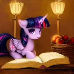 Size: 1024x1024 | Tagged: safe, derpibooru import, machine learning generated, stable diffusion, twilight sparkle, twilight sparkle (alicorn), alicorn, pony, apple, book, food, image, jpeg, lying down, ponyloaf, prone, solo, upscaled, waifu2x
