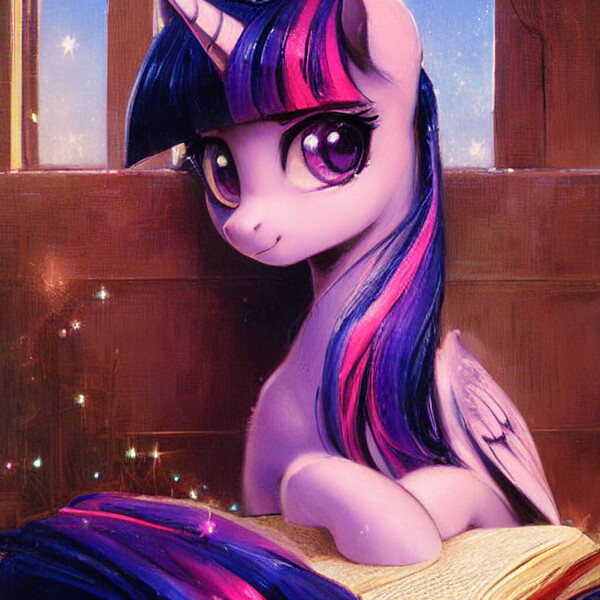 Size: 1024x1024 | Tagged: safe, derpibooru import, machine learning generated, stable diffusion, twilight sparkle, twilight sparkle (alicorn), alicorn, pony, book, image, jpeg, solo, upscaled, waifu2x