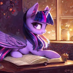 Size: 1024x1024 | Tagged: safe, derpibooru import, machine learning generated, stable diffusion, twilight sparkle, twilight sparkle (alicorn), alicorn, pony, book, image, jpeg, solo, upscaled, waifu2x, window