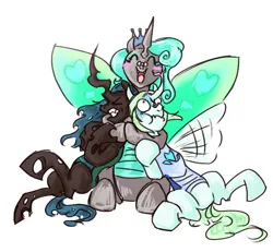Size: 1836x1693 | Tagged: safe, derpibooru import, queen chrysalis, changeling, changeling queen, female, group, group hug, hug, image, jpeg, mirror universe, reversalis, simple background, white background