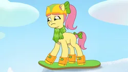 Size: 3072x1727 | Tagged: safe, derpibooru import, screencap, posey (g5), earth pony, pony, my little pony: tell your tale, spoiler:g5, spoiler:my little pony: tell your tale, spoiler:tyts01e37, female, frown, g5, helmet, image, jpeg, mare, snow, snow pun intended, solo, youtube link