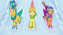 Size: 3072x1727 | Tagged: safe, derpibooru import, screencap, hitch trailblazer, posey (g5), sparky sparkeroni, sunny starscout, dragon, earth pony, pony, my little pony: tell your tale, spoiler:g5, spoiler:my little pony: tell your tale, spoiler:tyts01e37, baby, baby dragon, female, g5, helmet, image, jpeg, male, mare, open mouth, shrunken pupils, smiling, snow, snow pun intended, stallion, youtube link