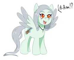 Size: 1945x1586 | Tagged: artist needed, safe, ponified, pony, dialogue, fang (goodbye volcano high), goodbye volcano high, happy, image, implied anon, jewelry, jpeg, necklace, open smile, simple background, smiling, solo, spread wings, talking, white background, wings