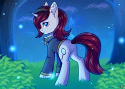 Size: 3500x2500 | Tagged: safe, artist:leah minik, derpibooru import, oc, oc:glassy, oc:looking glass, unofficial characters only, firefly (insect), insect, pony, unicorn, fallout equestria, blue eyes, catchlights, chest fluff, clothes, cloud, commission, ear fluff, fallout equestria oc, female, freckles, full body, grass, grass field, hairband, heart, heart eyes, horn, image, jumpsuit, looking at you, mare, night, night sky, png, sky, sky background, smiling, smiling at you, solo, starry night, stars, tree, unicorn oc, vault suit, wingding eyes