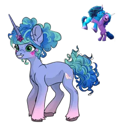 Size: 1200x1200 | Tagged: safe, artist:crumbelinadicarmello, derpibooru import, izzy moonbow, oc, pony, unicorn, g5, avatar maker fantasy pony, blue mane, blushing, butterfly hairpin, curly hair, cute, facial markings, female, freckles, gradient legs, green eyes, green mane, hair bun, hairpin, hug, image, izzybetes, magical lesbian spawn, misty brightdawn, oc focus, offspring, origami, parent:izzy moonbow, parent:misty, parents:mizzy, png, smiling, solo, solo female, unshorn fetlocks, updo