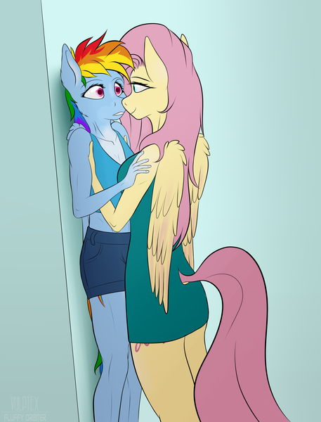 Size: 2178x2862 | Tagged: safe, artist:fluffyorbiter, derpibooru import, fluttershy, rainbow dash, anthro, pegasus, pony, anticipation, bedroom eyes, breasts, busty fluttershy, butt, clothes, delicious flat chest, dock, dress, duo, duo female, female, flutterbutt, flutterdash, height difference, holding a pony, image, lesbian, looking at each other, looking at someone, meme, muscles, png, rainbow flat, rainbuff dash, shipping, shirt, shorts, surprised, tail, undershirt, wings