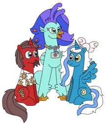 Size: 2013x2298 | Tagged: safe, artist:supahdonarudo, derpibooru import, oc, oc:fleurbelle, oc:ironyoshi, oc:sea lilly, unofficial characters only, alicorn, classical hippogriff, hippogriff, unicorn, derpibooru community collaboration, 2023 community collab, bow, camera, clothes, derpibooru exclusive, image, jewelry, necklace, png, shirt, simple background, sitting, transparent background