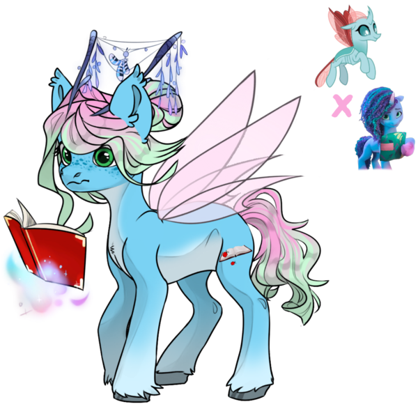 Size: 1200x1200 | Tagged: safe, artist:crumbelinadicarmello, derpibooru import, ocellus, oc, flutter pony, hybrid, insect, ladybug, pony, g5, antennae, avatar maker fantasy pony, book, female, freckles, fusion, g4, green eyes, hair bun, image, levitation, magic, misty brightdawn, png, request, shy, simple background, solo, telekinesis, transparent background, unshorn fetlocks, updo, wavy mane, wings