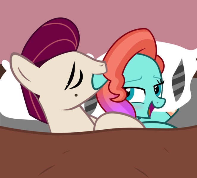 Size: 1920x1738 | Tagged: suggestive, artist:grapefruit-face, artist:shutterflyeqd, derpibooru import, oc, pony, base used, bed, bedroom eyes, biting, blanket, blushing, derpibooru exclusive, duo, ear bite, eyes closed, female, foreplay, g5, horses doing horse things, image, imminent sex, jazz (g5), male, nibbling, pillow, png, rockjazz, rocky (g5), shipping, straight