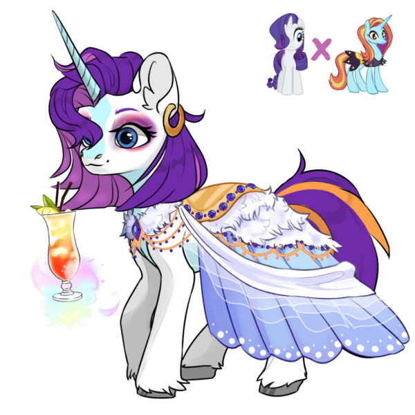 Size: 1080x1080 | Tagged: safe, artist:crumbelinadicarmello, derpibooru import, oc, pony, unicorn, alcohol, avatar maker fantasy pony, blaze (coat marking), clothes, coat markings, cocktail, dress, drink, ear piercing, earring, eyelashes, eyeshadow, facial markings, female, g4, gown, image, jewelry, magic, magical lesbian spawn, makeup, offspring, parent:rarity, parent:sassy saddles, parents:rarisaddles, piercing, png, purple mane, request, requested art, simple background, smiling, solo, telekinesis, transparent background, unshorn fetlocks