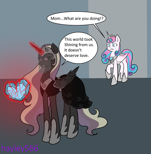 Size: 2448x2508 | Tagged: safe, artist:hayley566, derpibooru import, princess cadance, princess flurry heart, alicorn, pony, corrupted, crystal heart, duo, edgy, evil, female, glow, glowing horn, horn, image, nightmare cadance, nightmarified, older, older flurry heart, ow the edge, png