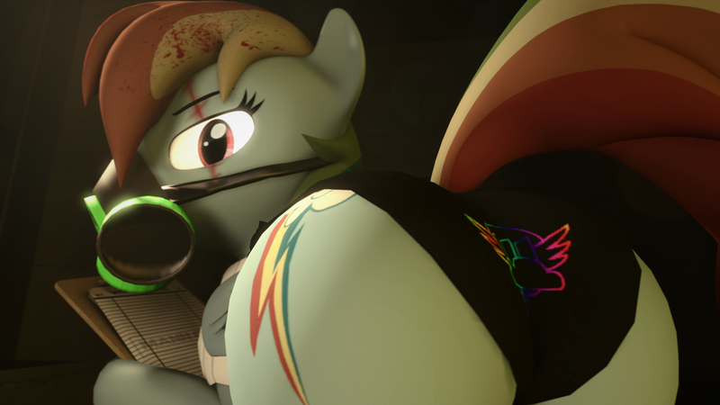 Size: 1280x720 | Tagged: semi-grimdark, suggestive, artist:extrachunkthis, derpibooru import, rainbow dash, fanfic:rainbow factory, 3d, blood, butt, butt focus, clothes, eye scar, facial scar, fanfic art, female, gas mask, image, looking at you, mask, panties, plot, png, rainbow factory dash, scar, solo, solo female, source filmmaker, underwear