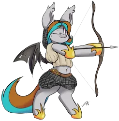 Size: 1671x1695 | Tagged: safe, artist:sleepy ray, derpibooru import, oc, oc:silver star, bat pony, pony, aiming, archery, armor, arrow, bat pony oc, bat wings, belly button, blouse, bow (weapon), chainmail, female, image, mare, medieval, midriff, one eye closed, one eye open, png, solo, spread wings, wings