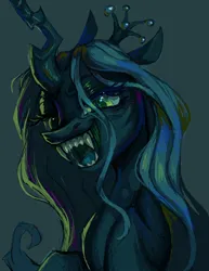 Size: 922x1192 | Tagged: safe, artist:onionpwder, derpibooru import, queen chrysalis, changeling, changeling queen, pony, fangs, female, g4, image, looking at you, mare, open mouth, open smile, png, sharp teeth, simple background, smiling, solo, teeth