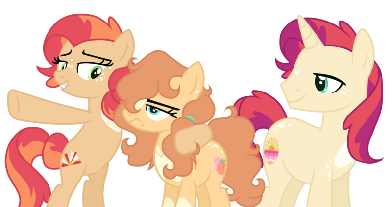 Size: 1280x676 | Tagged: safe, artist:monochrome-sunsets, derpibooru import, oc, oc:dayspring, oc:peach fuzz, oc:sundown, earth pony, pony, unicorn, base, female, image, magical lesbian spawn, male, mare, offspring, parent:applejack, parent:fluttershy, parent:sunset shimmer, parents:appleshimmer, parents:appleshy, parents:sunshyne, png, simple background, stallion, transparent background