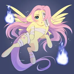 Size: 1506x1514 | Tagged: safe, artist:kitten-in-the-jar, derpibooru import, fluttershy, pegasus, pony, undead, bandage, blushing, female, fire, floppy ears, gradient background, image, jiangshi, looking at you, mare, ofuda, open mouth, paper talisman, png, solo, spread wings, wings