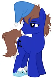 Size: 2010x2834 | Tagged: safe, artist:feather_bloom, derpibooru import, oc, oc:blueskies, earth pony, pony, clothes, grumpy, hat, image, messy mane, nightcap, png, simple background, sleepy, slippers, solo