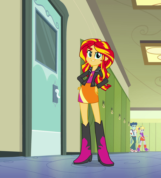 Size: 968x1076 | Tagged: safe, derpibooru import, screencap, curly winds, some blue guy, sunset shimmer, equestria girls, canterlot high, door, female, hallway, hand on hip, image, lockers, png, smugface, smugset shimmer, trio