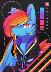 Size: 2480x3508 | Tagged: safe, artist:musicfirewind, derpibooru import, rainbow dash, pegasus, pony, clothes, cyberpunk, cyberpunk 2077, hoodie, image, jpeg, looking at you, solo