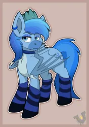 Size: 2057x2921 | Tagged: safe, artist:rokosmith26, derpibooru import, oc, oc:simon pegasus, unofficial characters only, bat pony, pony, bat eyes, bat pony oc, bat wings, blue, blue coat, blue eyes, blue eyeshadow, blue fur, blue mane, blue socks, border, cheek fluff, chest fluff, claws, clothes, coat markings, collar, colored wings, commission, crown, digital art, ear piercing, earring, eyeshadow, fangs, high res, image, jewelry, lidded eyes, long tail, makeup, male, markings, piercing, png, regalia, simple background, smiling, socks, solo, stallion, standing, striped background, striped mane, striped socks, striped tail, tail, two toned wings, wall of tags, watermark, wing claws, wings
