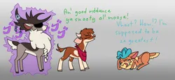 Size: 4693x2160 | Tagged: safe, artist:0xyr0, derpibooru import, velvet reindeer, cow, deer, reindeer, them's fightin' herds, arizona (tfh), blue text, community related, dialogue, doe, eyes closed, father and child, father and daughter, female, gradient background, gray background, green text, image, imminent pain, jojo's bizarre adventure, male, menacing, overprotective, png, simple background, stag, stronghoof hoofstrong, trio, ゴ ゴ ゴ
