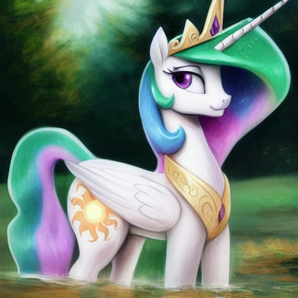 Size: 1024x1024 | Tagged: safe, derpibooru import, editor:dovakkins, machine learning generated, novelai, prompter:dovakkins, stable diffusion, princess celestia, alicorn, pony, beautiful, cute, female, image, jewelry, mud, partially submerged, png, smiling, solo, standing in water, water