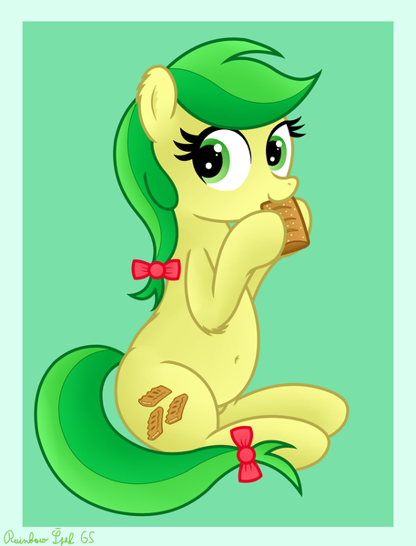 Size: 2955x3876 | Tagged: safe, artist:rainbowšpekgs, derpibooru import, apple fritter, earth pony, pony, apple family member, apple fritter (food), belly, belly button, bow, chubby, cute, eating, food, image, nom, png, sitting, solo