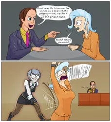 Size: 3000x3293 | Tagged: safe, artist:moonatik, derpibooru import, trixie, human, 2 panel comic, ace attorney, boots, breasts, clothes, coffee cup, comic, crossover, cuffs, cup, female, franziska von karma, handcuffed, humanized, image, male, necktie, png, prison outfit, saul goodman, shoes, skirt, suit, table, tights, whip, whipping