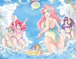 Size: 932x722 | Tagged: suggestive, artist:kemonokiller, derpibooru import, applejack, fluttershy, pinkie pie, rainbow dash, rarity, twilight sparkle, human, applebutt, arms in the air, ass, beach, beach ball, belly button, bikini, bracelet, breasts, busty applejack, busty fluttershy, busty mane six, busty pinkie pie, busty rainbow dash, busty rarity, busty twilight sparkle, butt, cleavage, clothes, cowboy hat, extra thicc, eyes closed, female, females only, flutterbutt, hat, humanized, image, inner tube, jewelry, looking at you, looking back, mane six, ocean, one eye closed, one-piece swimsuit, open mouth, open-back swimsuit, png, sky, swimsuit, water, water wings, wide hips