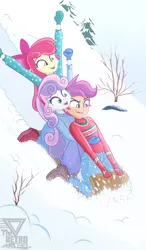 Size: 2100x3585 | Tagged: safe, artist:theretroart88, derpibooru import, apple bloom, scootaloo, sweetie belle, equestria girls, christmas, clothes, cutie mark, cutie mark crusaders, group, high res, holiday, image, pants, png, sled, snow, sweater, trio, winter