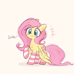 Size: 1758x1758 | Tagged: safe, artist:kqaii, derpibooru import, fluttershy, pegasus, pony, :3, blushing, chest fluff, clothes, cute, emanata, female, image, jpeg, raised hoof, shyabetes, simple background, socks, solo, striped socks, text, white background, wings, wings down