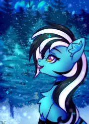 Size: 2500x3500 | Tagged: safe, artist:leah minik, derpibooru import, oc, oc:purapoint, unofficial characters only, earth pony, pony, blue pony, bust, catchlights, chest fluff, commission, ear fluff, earth pony oc, evening, female, forest, forest background, freckles, heart, heart eyes, image, looking at something, mare, png, smiling, snow, snowfall, snowflake, solo, tongue out, tree, wingding eyes, winter