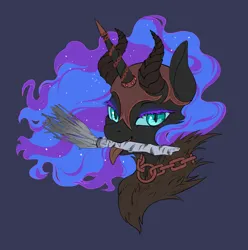 Size: 2247x2264 | Tagged: safe, artist:taytinabelle, derpibooru import, nightmare moon, alicorn, pony, armor, armored pony, bedroom eyes, birch tree, blue background, bust, chains, choker, colored eyelashes, derpibooru exclusive, fangs, female, fur coat, helmet, horned helmet, image, jewelry, krampus, looking at you, mare, mouth hold, necklace, png, simple background, smiling, solo, tongue out, tree, tree branch