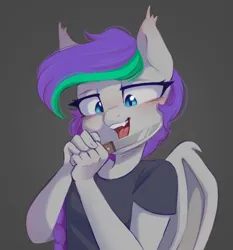 Size: 994x1067 | Tagged: safe, artist:melodylibris, derpibooru import, oc, oc:lony, unofficial characters only, anthro, bat pony, pony, bat pony oc, bat wings, blushing, female, gray background, image, jpeg, knife, licking, looking at something, mare, simple background, solo, tongue out, wings