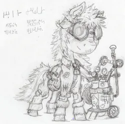 Size: 898x890 | Tagged: safe, artist:teakay-c-ii-r, oc, unofficial characters only, earth pony, pony, bag, coveralls, goggles, image, jpeg, looking at you, messy mane, monochrome, saddle bag, signature, simple background, sketch, smiling at you, solo, welder, welding torch, writing, zipper