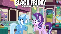 Size: 2064x1158 | Tagged: safe, artist:not-yet-a-brony, artist:osipush, derpibooru import, starlight glimmer, trixie, pony, unicorn, 2022, black friday, female, friends, holiday, image, mare, november, oh crap, oh crap face, png, shocked, shocked expression, shopping, shopping list, song reference, store, thanksgiving, this will not end well, youtube link in the description