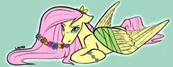 Size: 1280x497 | Tagged: safe, artist:laurabaggins, derpibooru import, fluttershy, pegasus, pony, bracelet, female, flower, flower in hair, green background, image, jewelry, jpeg, lying down, mare, prone, signature, simple background, solo