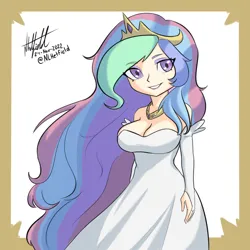 Size: 1000x1000 | Tagged: safe, artist:nlhetfield, derpibooru import, princess celestia, human, breasts, busty princess celestia, female, humanized, image, jewelry, jpeg, long hair, regalia, signature, smiling, solo, white dress