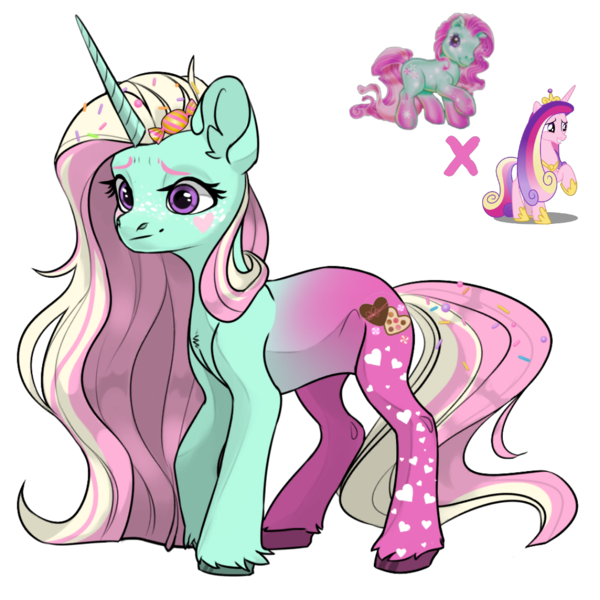 Size: 1080x1080 | Tagged: safe, artist:crumbelinadicarmello, derpibooru import, minty, oc, pony, unicorn, avatar maker fantasy pony, body markings, candy, facial markings, food, freckles, g3, g4, gradient legs, hair accessory, heart, holiday, image, long mane, magical lesbian spawn, offspring, parent:minty, parent:princess cadance, pink mane, png, princess, purple eyes, solo, sprinkles, unshorn fetlocks, valentine's day, winter minty, yellow mane