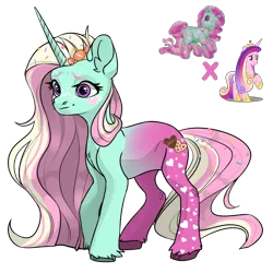 Size: 1080x1080 | Tagged: safe, artist:crumbelinadicarmello, derpibooru import, minty, oc, pony, unicorn, avatar maker fantasy pony, body markings, candy, facial markings, food, freckles, g3, g4, gradient legs, hair accessory, heart, holiday, image, long mane, magical lesbian spawn, offspring, parent:minty, parent:princess cadance, pink mane, png, princess, purple eyes, solo, sprinkles, unshorn fetlocks, valentine's day, winter minty, yellow mane